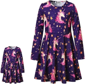 Jxstar Girls&Doll Matching Dresses Long Sleeve Unicorn Mermaid Outfits Clothes