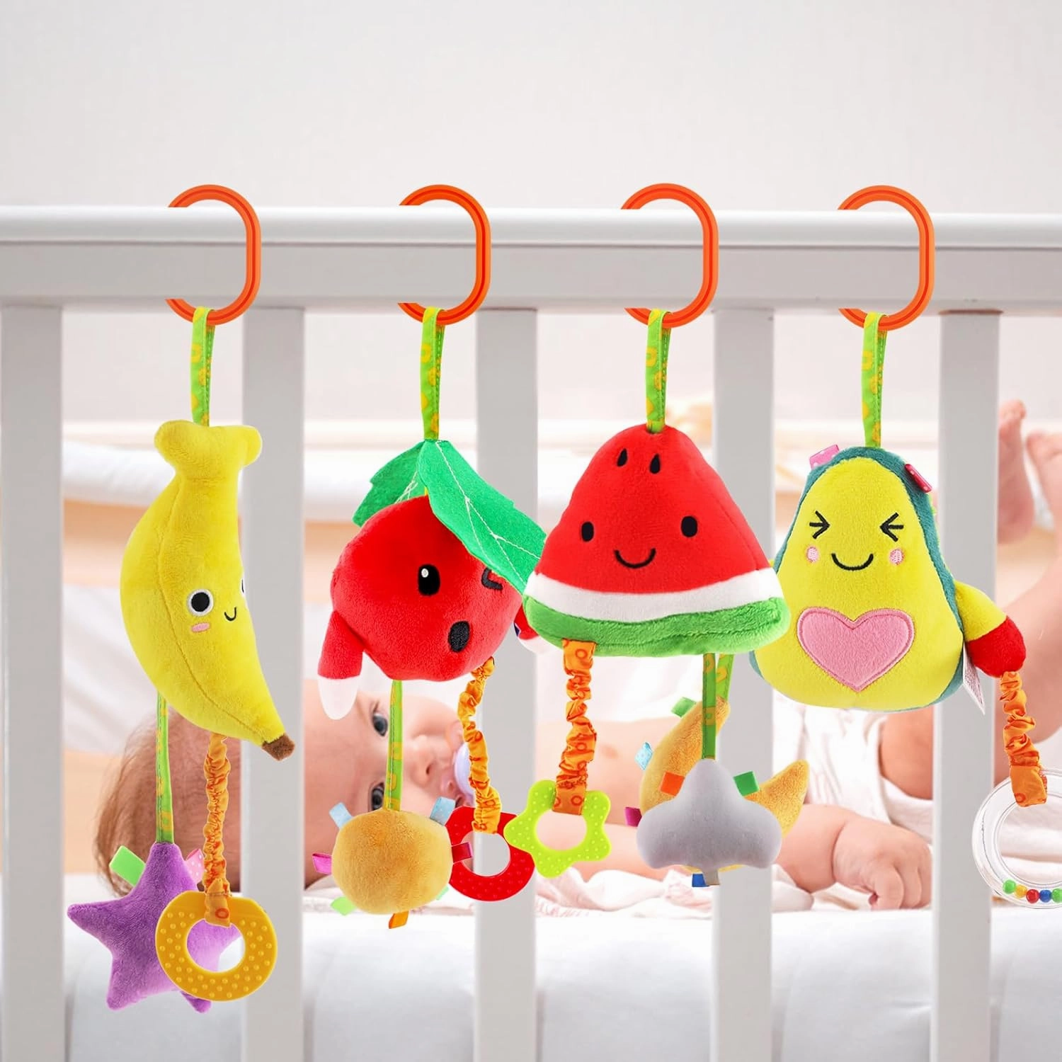 KAKIBLIN Baby Hanging Toys, 4 Pack Carseat Toys,Early Baby Cognitive Sensory Soft Hanging Toy for Crib Stroller Gym Mobile Plush Toy,Suitable for Babies 0-12 Months,Fruit