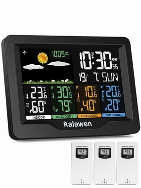 Kalawen Home Wireless Weather Station Multiple Sensors with Atomic Clock, Indoor/Outdoor Thermometer Wireless Humidity Barometer Monitor