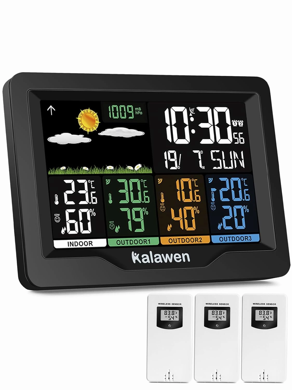 Kalawen Home Wireless Weather Station Multiple Sensors with Atomic Clock, Indoor/Outdoor Thermometer Wireless Humidity Barometer Monitor