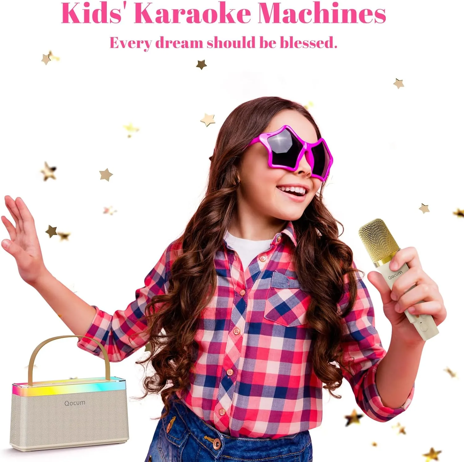 Karaoke Machine for Kids, Mini Karaoke Machine with 2 Wireless Microphones, Kids Karaoke Microphone with Dual Speakers, RGB Dance Light, Voice Changer, Toy Gift for Kids Aged 4-12(Brown)