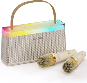 Karaoke Machine for Kids, Mini Karaoke Machine with 2 Wireless Microphones, Kids Karaoke Microphone with Dual Speakers, RGB Dance Light, Voice Changer, Toy Gift for Kids Aged 4-12(Brown)