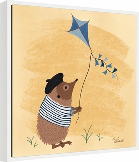 Kate and Laurel French Hedgehog Framed Canvas Wall Art by Carrie Cantwell 22 x 22 Sylvie White, Whimsical, Animals, Humor, Kids Art for Wall Decor, Living Room, Bedroom