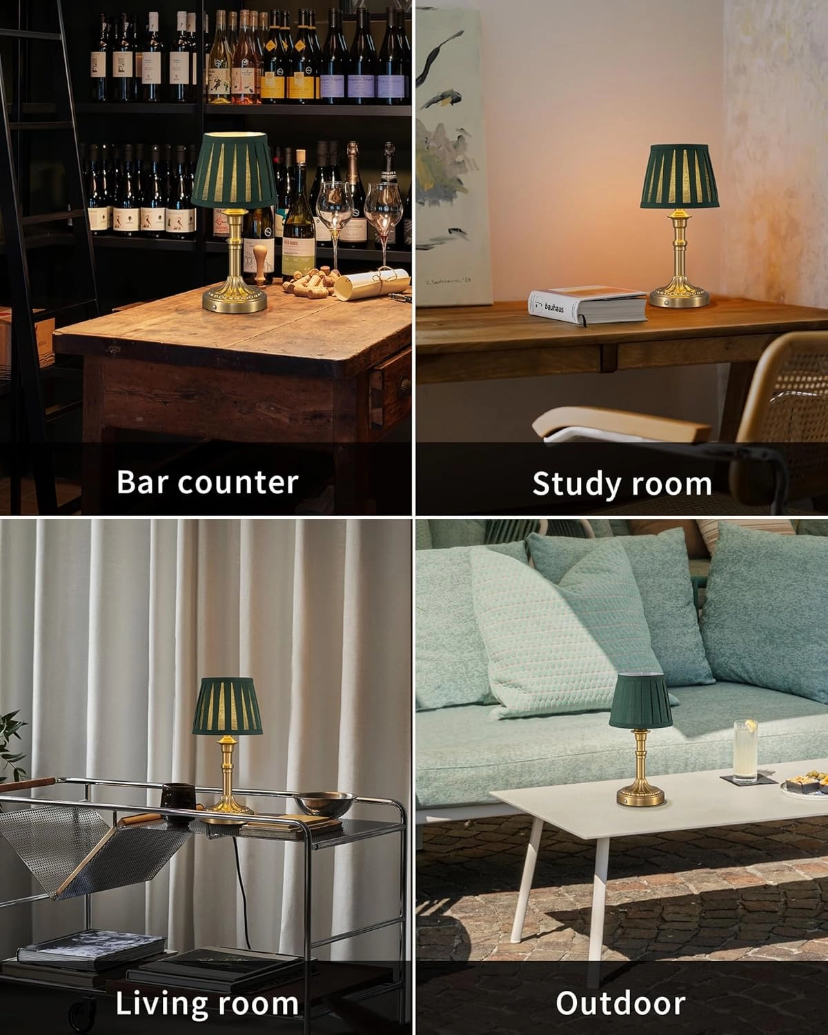 KDG Cordless Portables Table Lamp Set of 2, LED Fabric Shade Small Desk Lamps, 5000mAh Battery Powered Lighting, 2700K Stepless Dimmable Light for Living Room, Dining Room, Bedroom (Bronze Green)