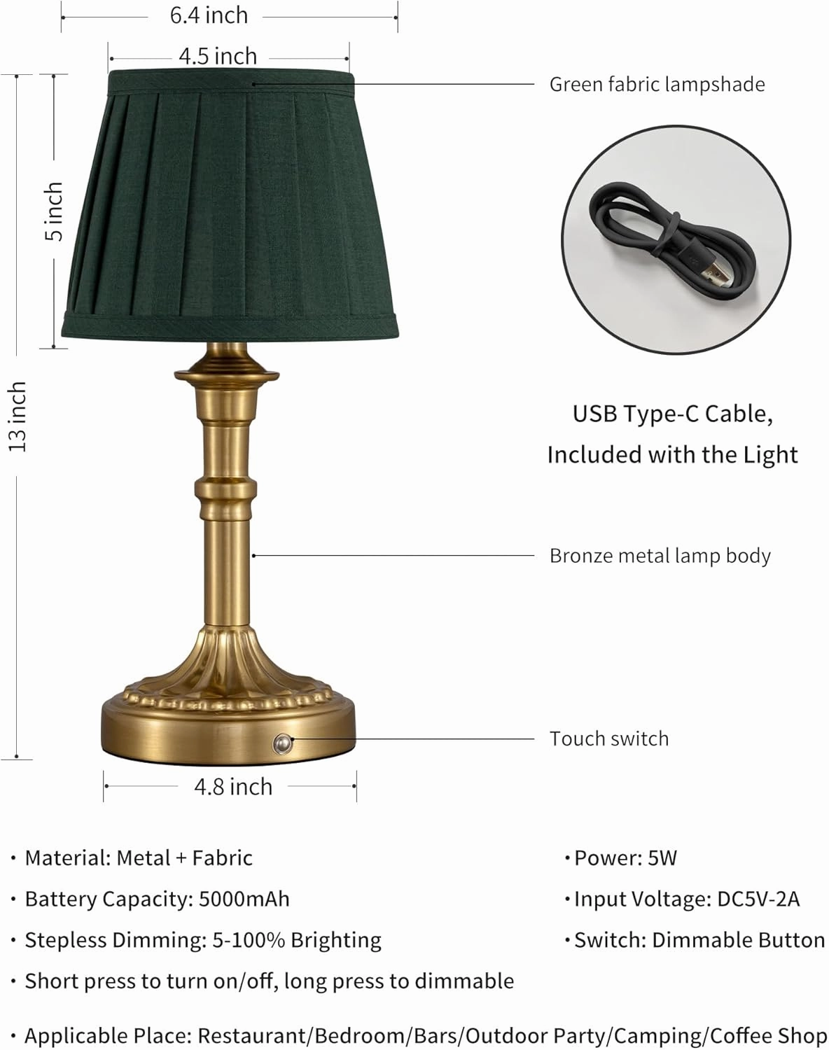 KDG Cordless Portables Table Lamp Set of 2, LED Fabric Shade Small Desk Lamps, 5000mAh Battery Powered Lighting, 2700K Stepless Dimmable Light for Living Room, Dining Room, Bedroom (Bronze Green)