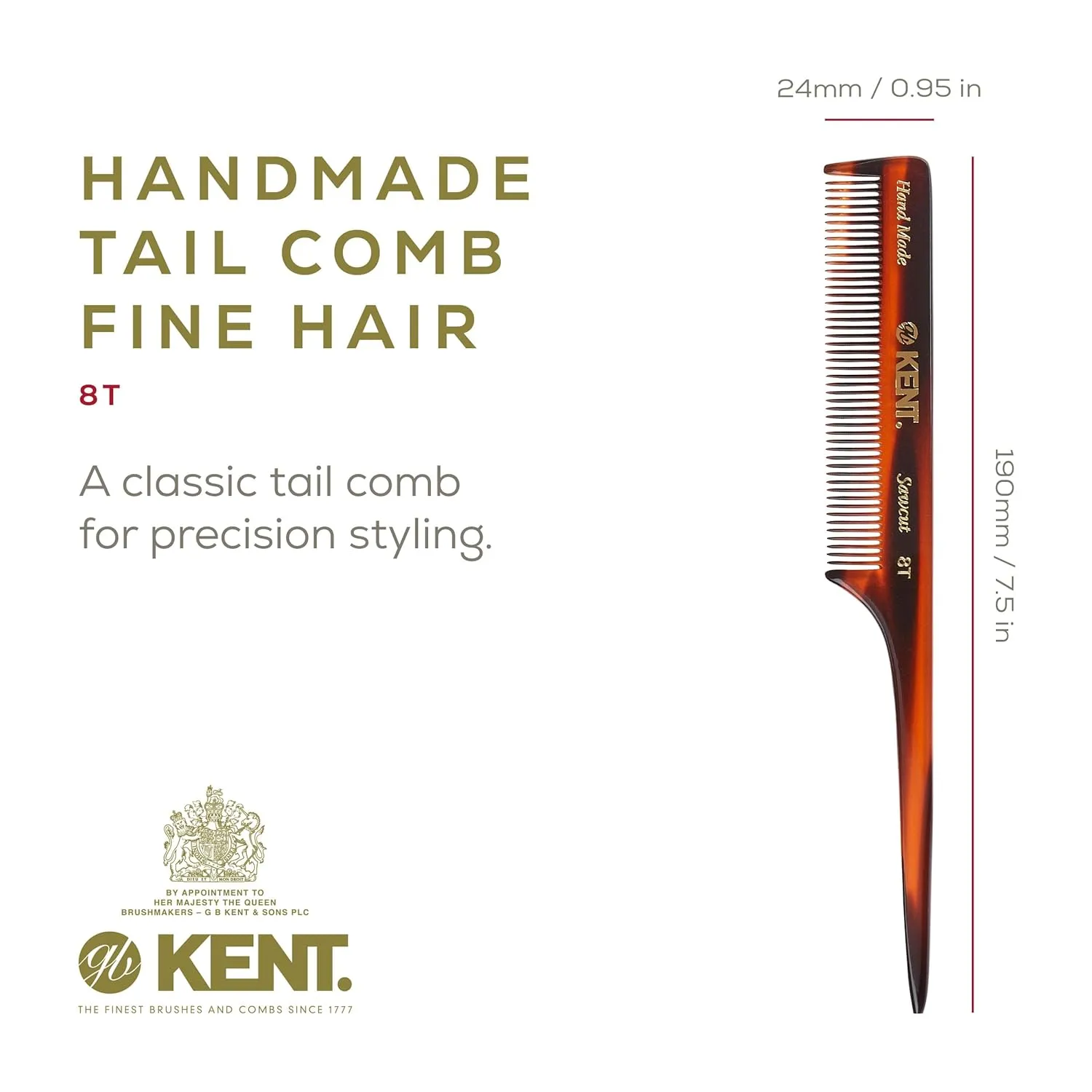 Kent 8T Rat Tail Combs Teasing Comb for Hair Styling and Sectioning, Handmade Fine Tooth Comb Parting Combs for Braiding Hair and Styling for Women, Saw Cut and Hand Polished