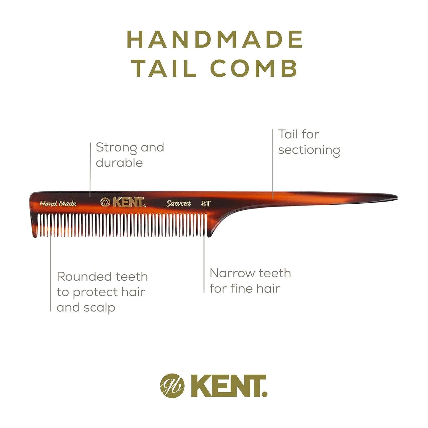 Kent 8T Rat Tail Combs Teasing Comb for Hair Styling and Sectioning, Handmade Fine Tooth Comb Parting Combs for Braiding Hair and Styling for Women, Saw Cut and Hand Polished