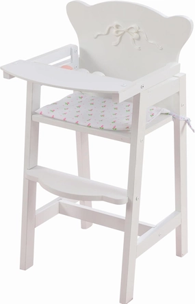 KidKraft Tiffany Bow Scalloped-Edge Wooden Lil Doll High Chair with Seat Pad - White, Gift for Ages 3 