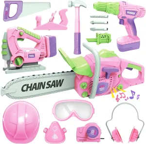 Kids Tool Set with Electric Toy Drill Chainsaw Jigsaw Toy Tools for Girl, Realistic Kids Power Construction Pretend Play Tools Set Toddler Toys Playset Kit for Toddler Boy Girl Kid Child Tool Toy Pink