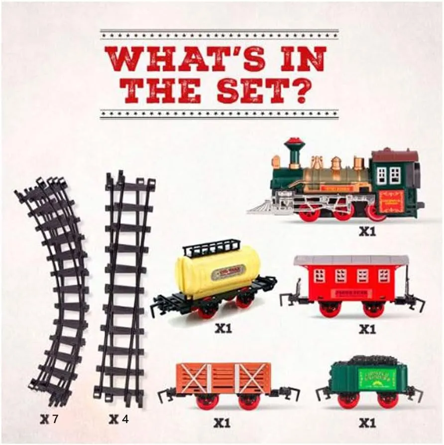 Kids Toy Train Holiday Giftset 16 PCS Rocky Mountain Train Set with Coal Cart, Tank Carriage - LED Light & Train Whistle Sound - 5 Train Cars 11 Rail Sections