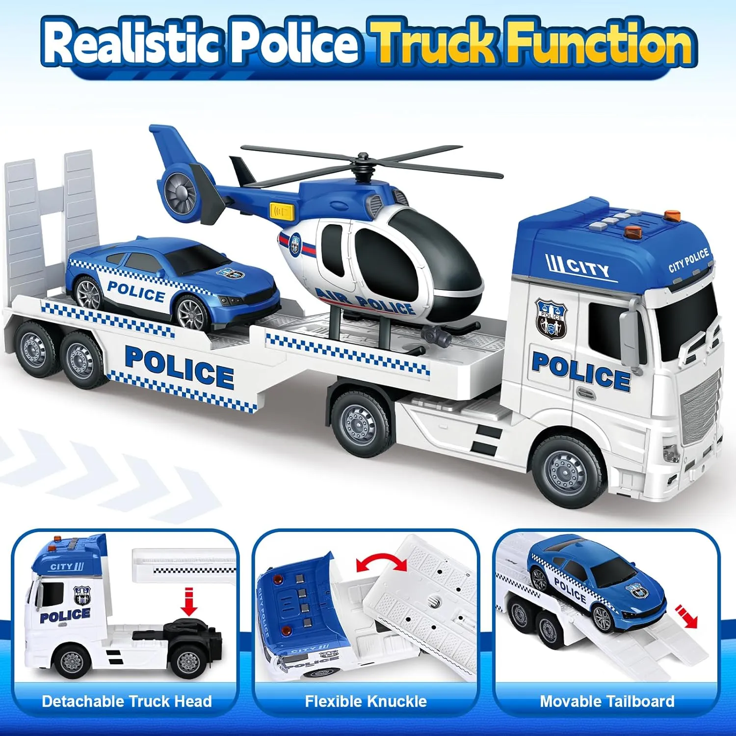 Kids Toys for 3 4 5 6 7 8 Years Old Boys, 25" Police Truck Toy with Racing Car and Helicopter, Toddler Friction Powered Truck Vehicle Toy with Lights, Sounds for Boys Girls Christmas Birthday Gifts