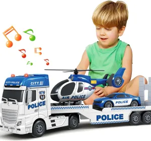 Kids Toys for 3 4 5 6 7 8 Years Old Boys, 25" Police Truck Toy with Racing Car and Helicopter, Toddler Friction Powered Truck Vehicle Toy with Lights, Sounds for Boys Girls Christmas Birthday Gifts