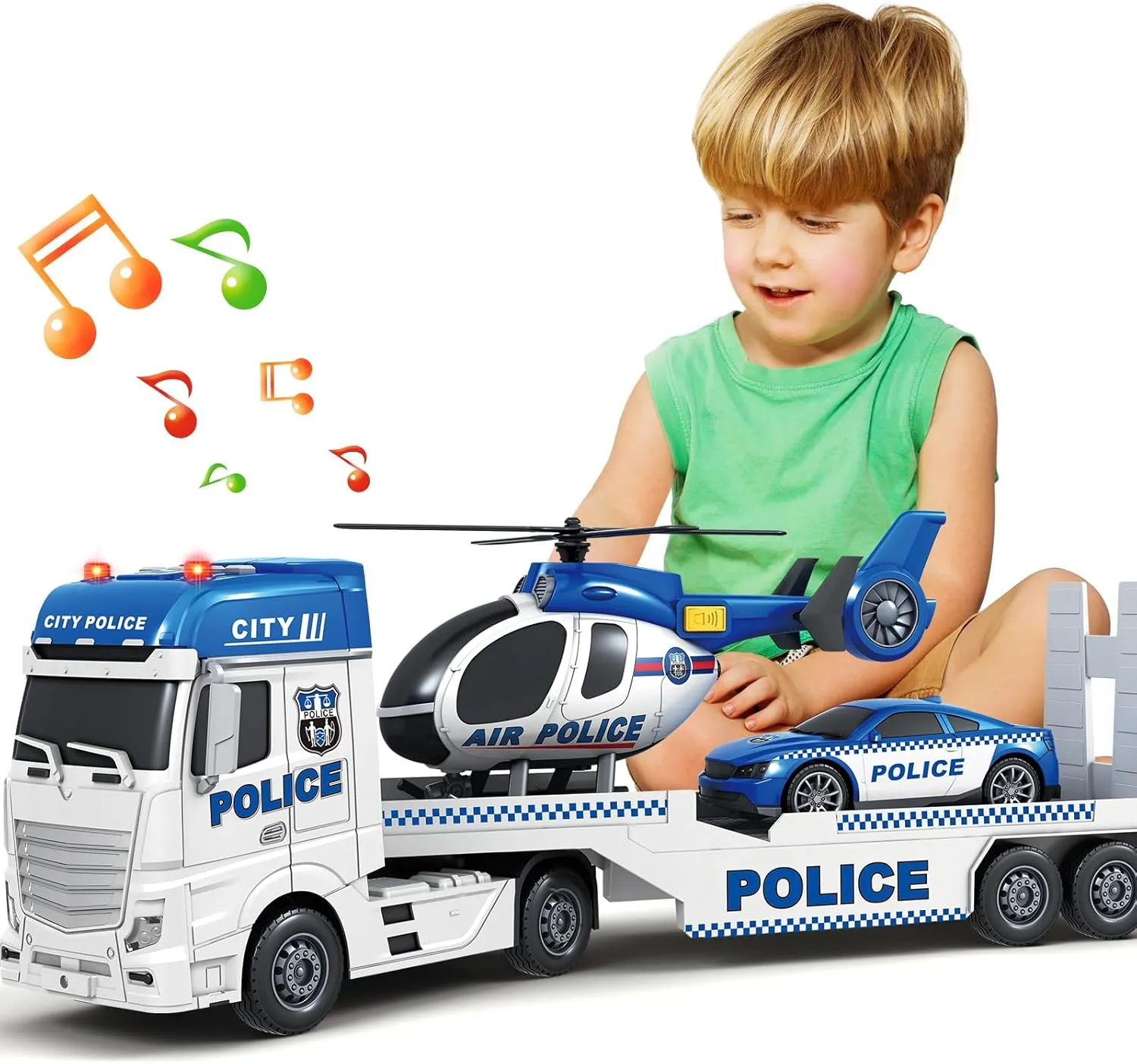 Kids Toys for 3 4 5 6 7 8 Years Old Boys, 25" Police Truck Toy with Racing Car and Helicopter, Toddler Friction Powered Truck Vehicle Toy with Lights, Sounds for Boys Girls Christmas Birthday Gifts