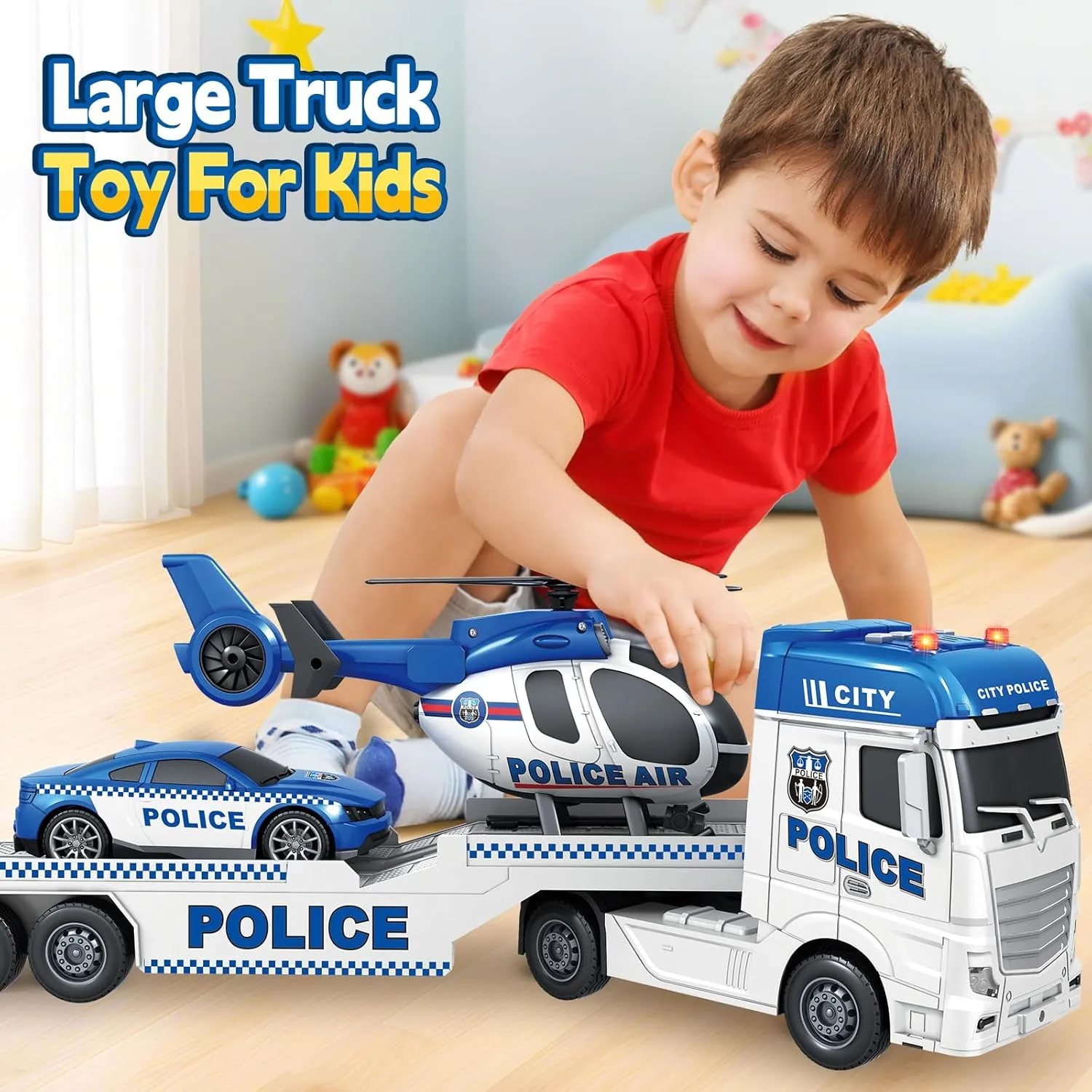 Kids Toys for 3 4 5 6 7 8 Years Old Boys, 25" Police Truck Toy with Racing Car and Helicopter, Toddler Friction Powered Truck Vehicle Toy with Lights, Sounds for Boys Girls Christmas Birthday Gifts