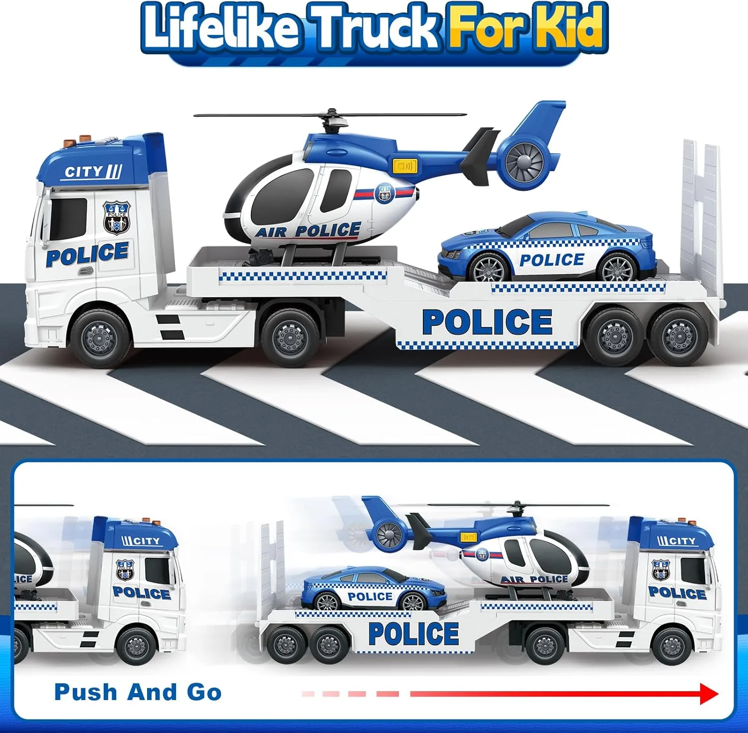 Kids Toys for 3 4 5 6 7 8 Years Old Boys, 25" Police Truck Toy with Racing Car and Helicopter, Toddler Friction Powered Truck Vehicle Toy with Lights, Sounds for Boys Girls Christmas Birthday Gifts