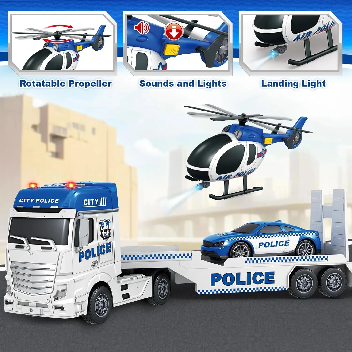 Kids Toys for 3 4 5 6 7 8 Years Old Boys, 25" Police Truck Toy with Racing Car and Helicopter, Toddler Friction Powered Truck Vehicle Toy with Lights, Sounds for Boys Girls Christmas Birthday Gifts