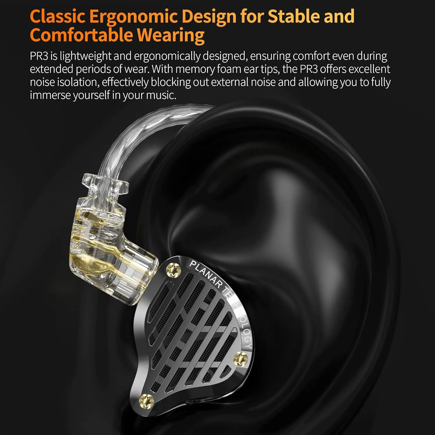 Kinboofi KZ PR3 IEM Headphonen, in Ear Monitor Earphone,13.2mm Planar Magnetic Driver in-Ear Wired Headphones, IEM Earphones Earbuds with Detachable Cable for Musicians(KZ PR3-Black,No Microphone)