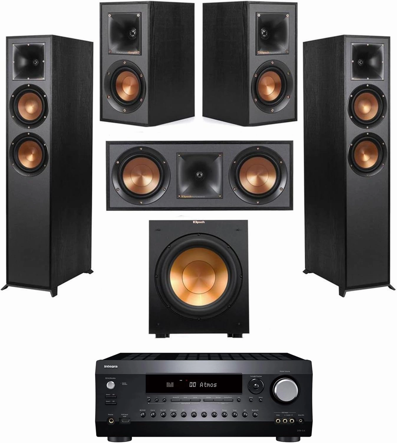 Klipsch Reference 5.1 Home Theater System with 2X R-625FA Floorstanding Speaker, R-12SW Subwoofer, R-52C Center Channel, R-41M Bookshelf Speaker and Integra DRX 3.4 100W 9.2-Channel Receiver