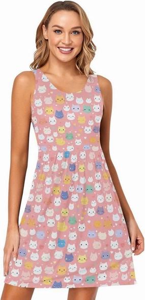 KLL Cute Cat Cartoon Illustration Women Short Dresses Swing Sleeveless Party Mini Sundress Casual