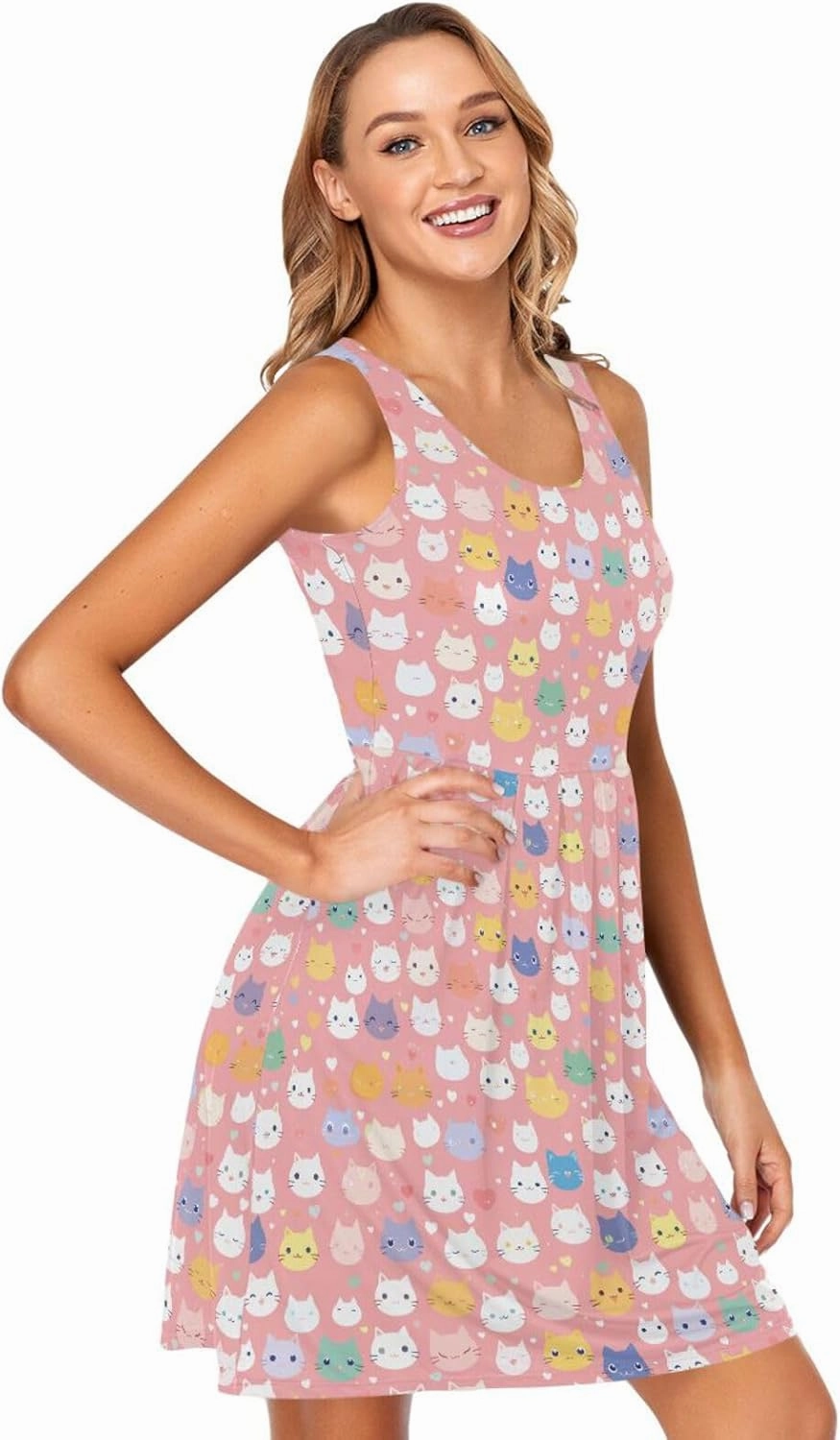KLL Cute Cat Cartoon Illustration Women Short Dresses Swing Sleeveless Party Mini Sundress Casual