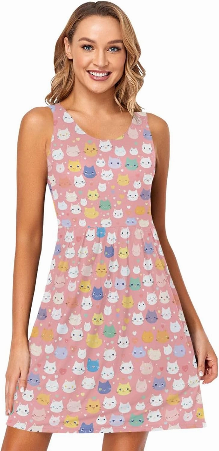 KLL Cute Cat Cartoon Illustration Women Short Dresses Swing Sleeveless Party Mini Sundress Casual