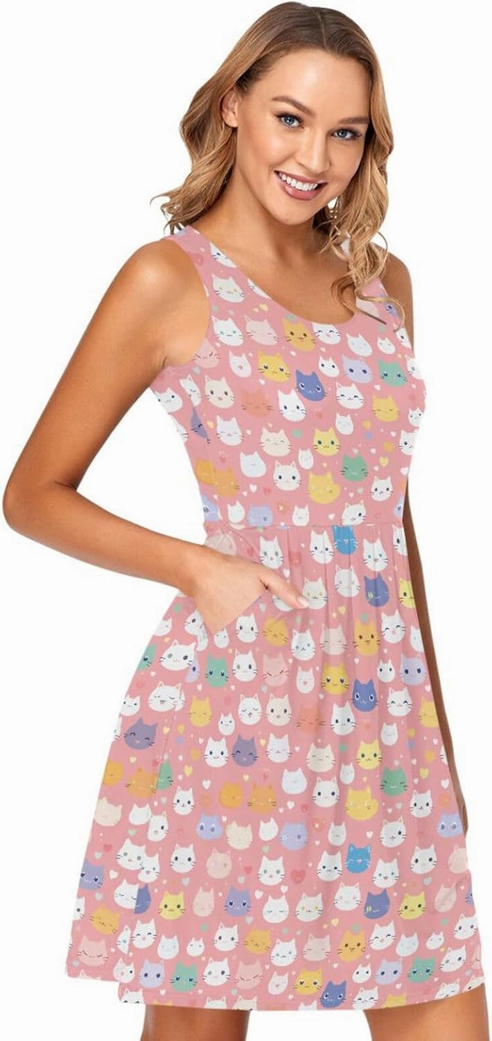 KLL Cute Cat Cartoon Illustration Women Short Dresses Swing Sleeveless Party Mini Sundress Casual
