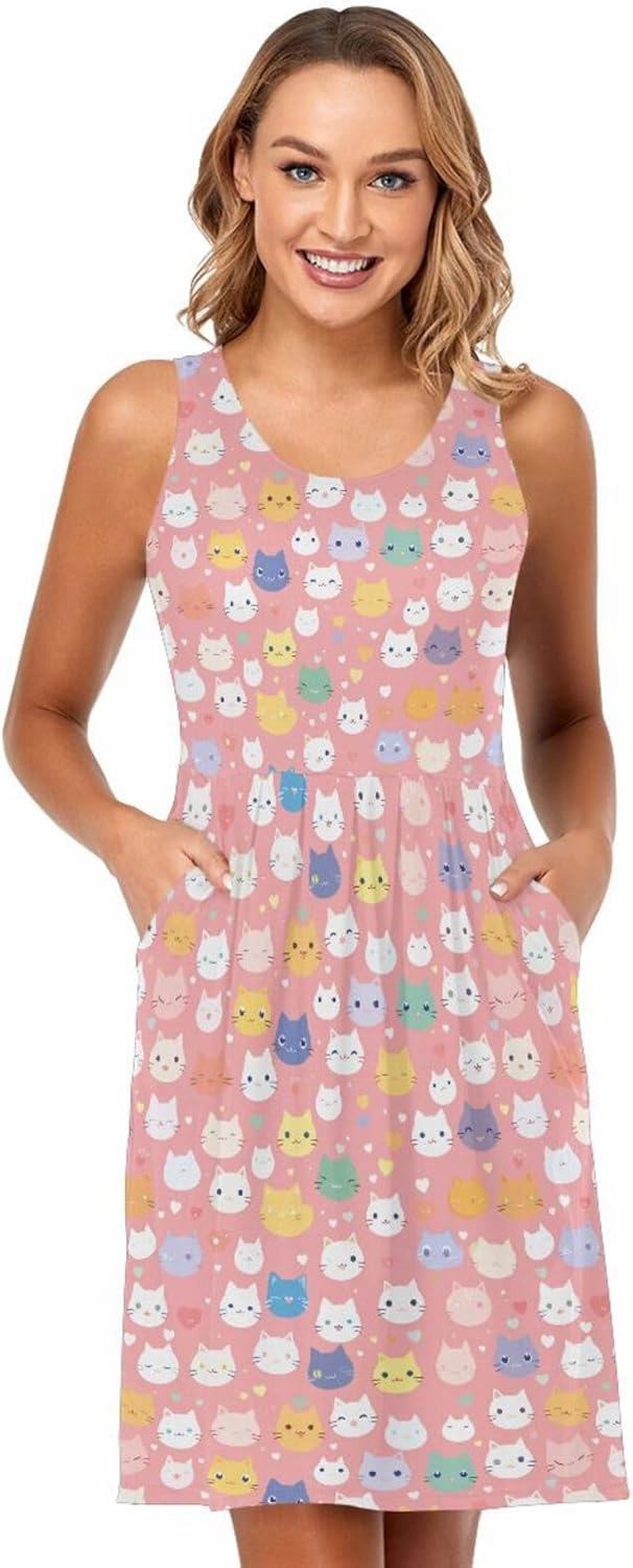 KLL Cute Cat Cartoon Illustration Women Short Dresses Swing Sleeveless Party Mini Sundress Casual
