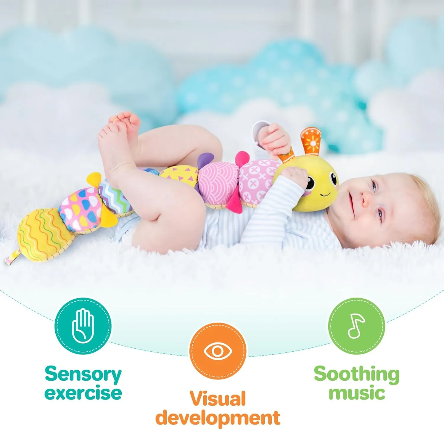 KMUYSL Baby Toys 0-12 Months, Musical Animal Stuffed Toy with Crinkle, Rattles & Lullaby, Plush Toy for Infant Newborn, Yellow Fabric Cotton