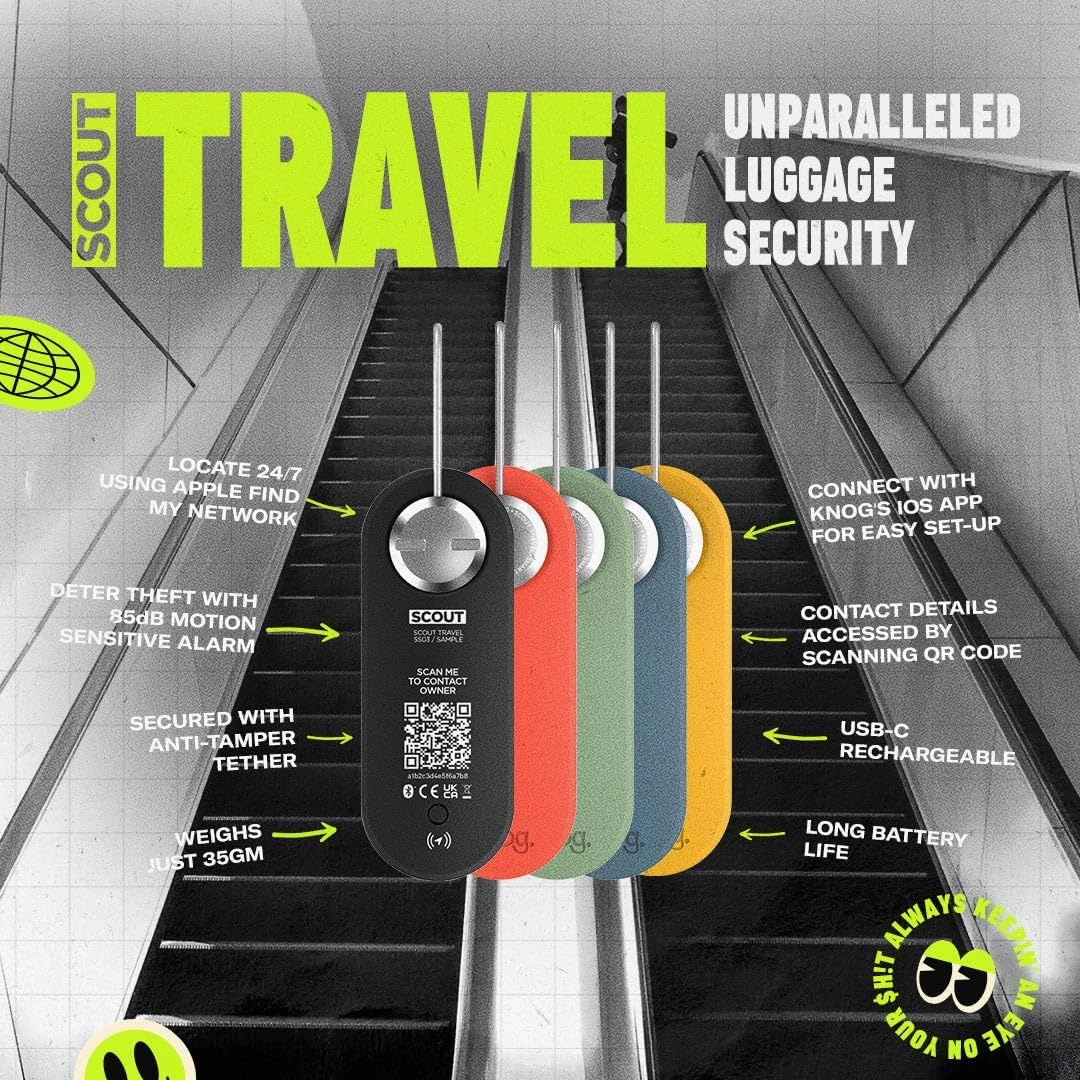 Knog Scout iOS Smart Tag, Tracker & 85d Alarm – Rechargeable Luggage Tag Compatible with iOS App & Apple Find My, Digital Contact Info, Remote Chime, Low Battery Alerts, Water-Resistant, Green