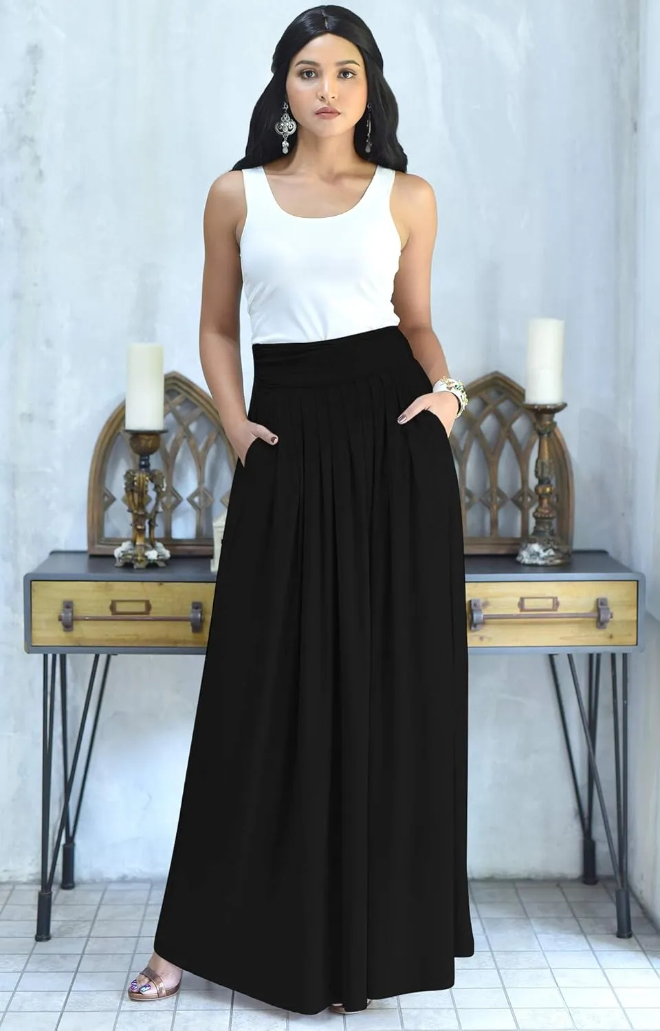 KOH KOH Womens Long Flowy Cute Modest High Waist Floor Length Pockets Maxi Skirt