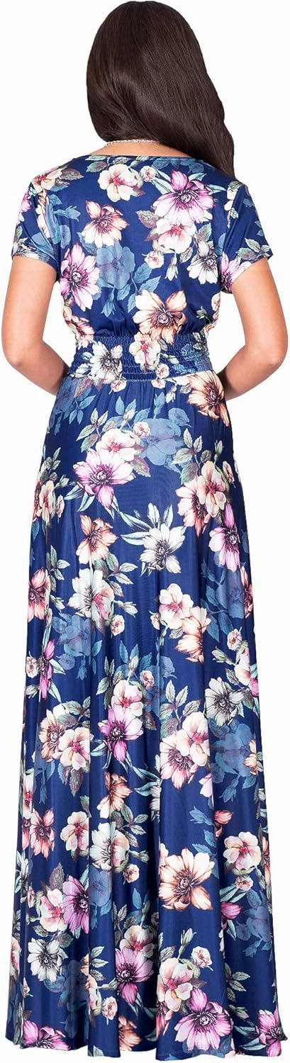 KOH KOH Womens Long Cap Sleeves Floral Print V-Neck Summer Sundress Maxi Dress