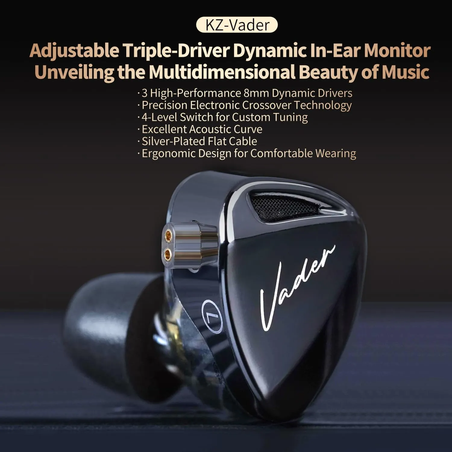 KZ Vader Triple Driver in-Ear Monitor Music Earphone,HiFi IEM with 4 Tuning Levels, 0.75mm Pins Wired Sport Earbud Headphones (Balanced Version, Without Mic)