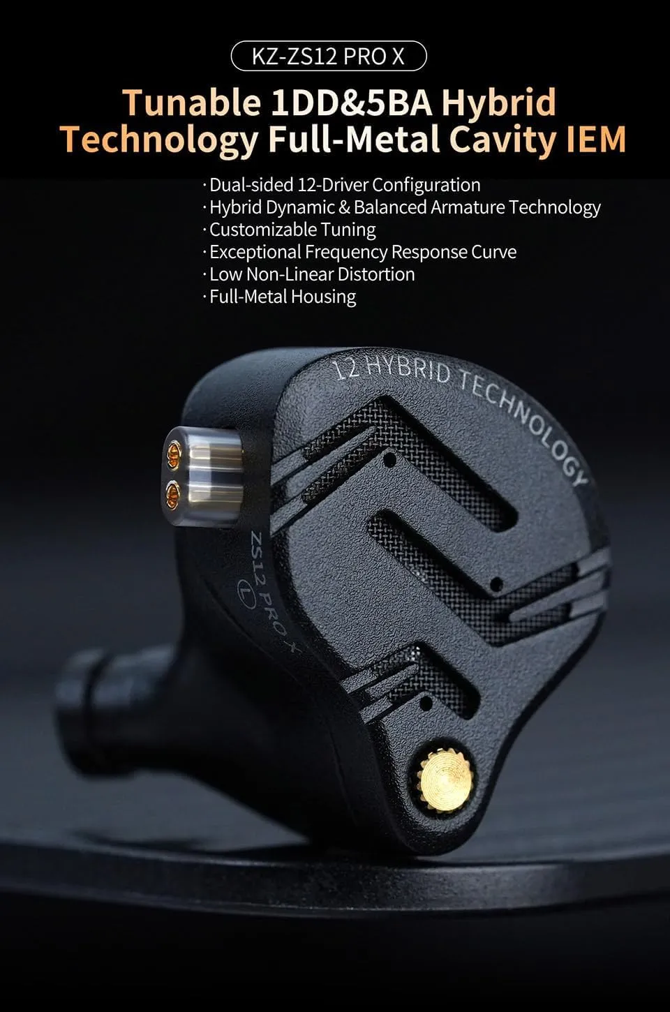 KZ ZS12 PRO X in Ear Monitor Headphones 1DD 5BA HiFi Stereo Sound Wired Earbuds Noise Cancelling Earphone with Full Metal Cavity for Musicians/Singers (with Mic, Black)