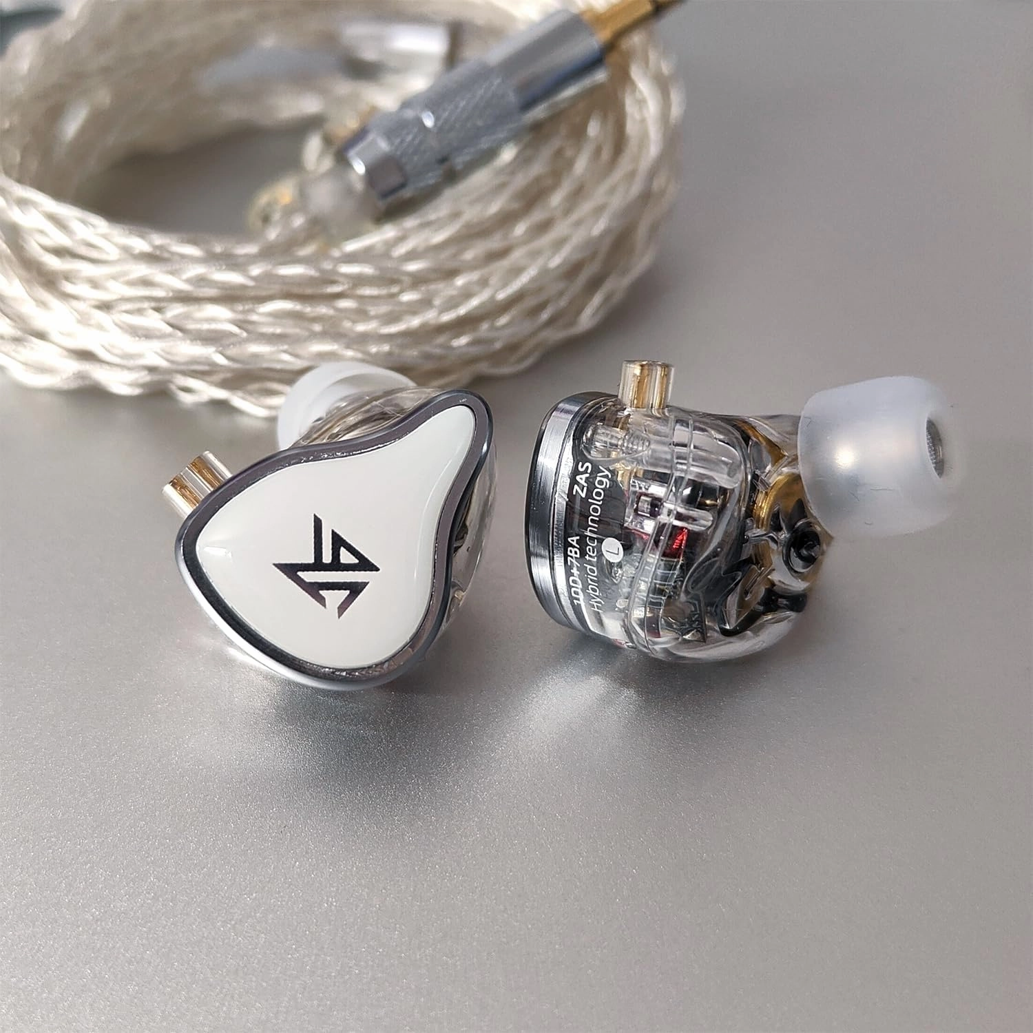 KZ ZAS in-Ear Headphones Wired Earbuds 16-Unit Hybrid in Ear Monitor Earphone 7BA 1DD IEM Earphone with 8 cores Silver Plated Cable(White, with Mic)
