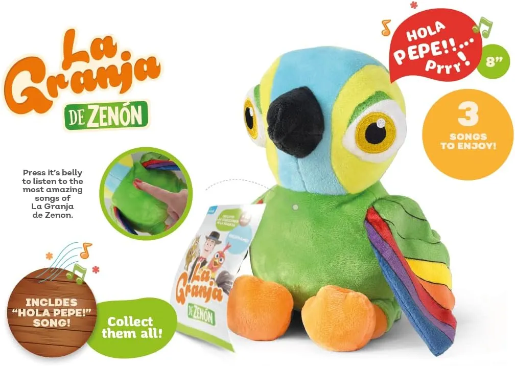 LA GRANJA DE ZENÓN Lorito Pepe Musical Stuffed Animal 8-Inch Soft and Huggable Plush Toy with Music, Beloved El Reino Infantil Character