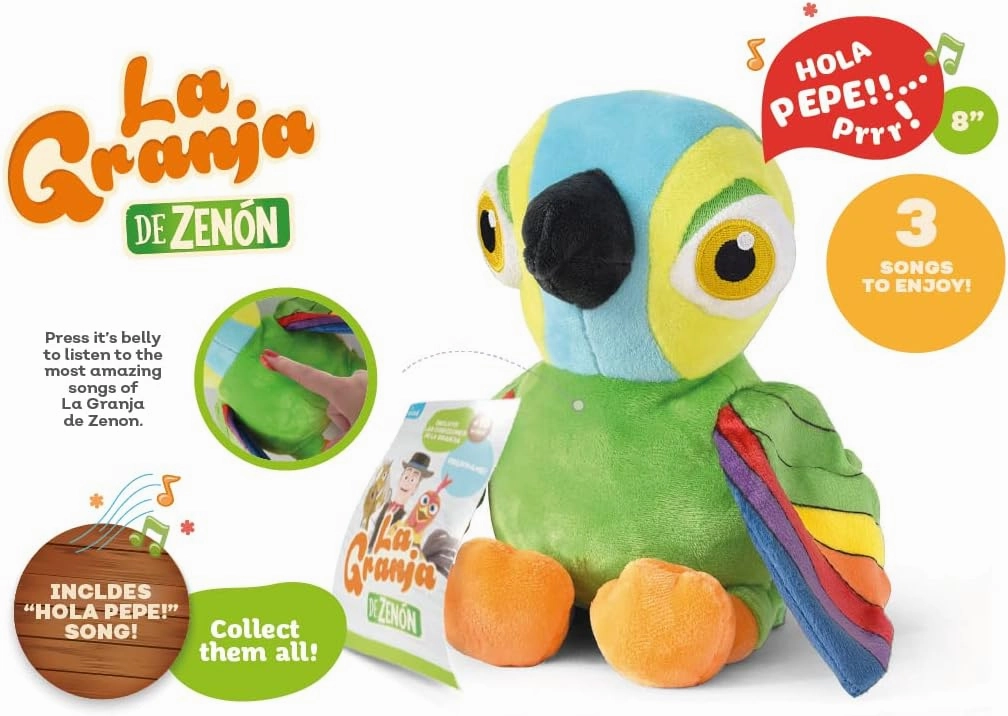 LA GRANJA DE ZENÓN Lorito Pepe Musical Stuffed Animal 8-Inch Soft and Huggable Plush Toy with Music, Beloved El Reino Infantil Character