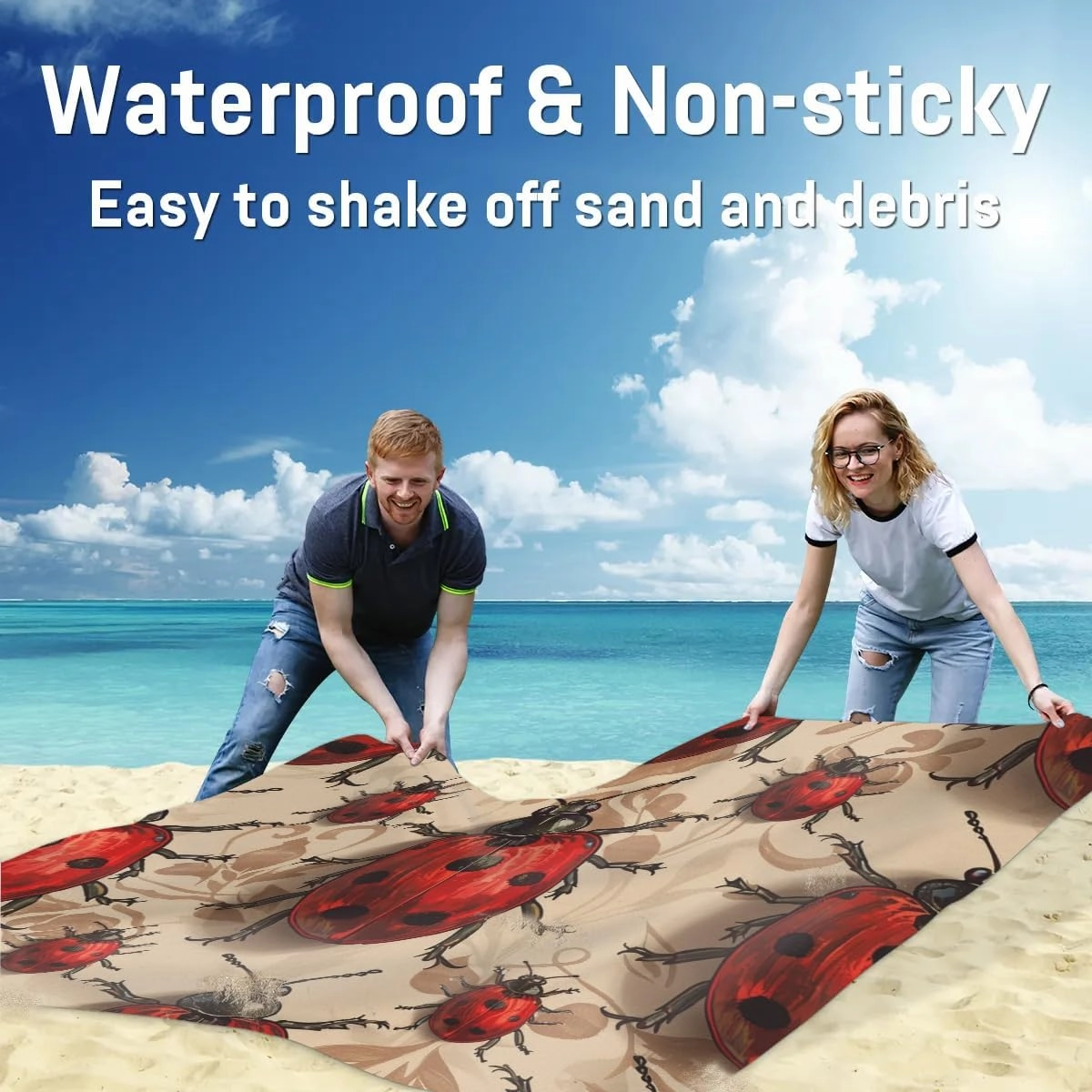 Ladybugs Beach Blanket, Sandproof Beach Mat, Adults Waterproof Quick Drying Sand Free Mat with 4 x Ground Spikes for Outdoor Travel Camping Hiking, Red Ladybirds