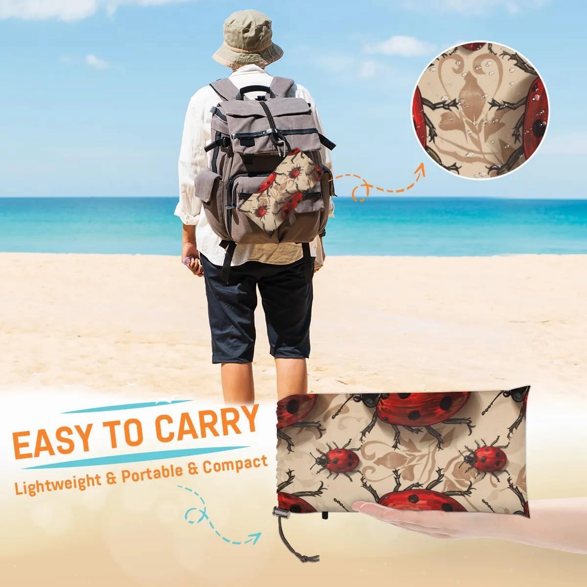 Ladybugs Beach Blanket, Sandproof Beach Mat, Adults Waterproof Quick Drying Sand Free Mat with 4 x Ground Spikes for Outdoor Travel Camping Hiking, Red Ladybirds