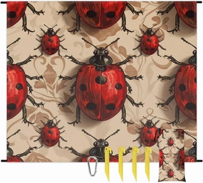 Ladybugs Beach Blanket, Sandproof Beach Mat, Adults Waterproof Quick Drying Sand Free Mat with 4 x Ground Spikes for Outdoor Travel Camping Hiking, Red Ladybirds