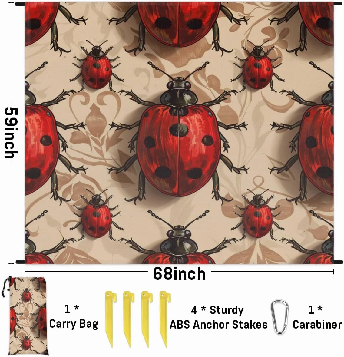 Ladybugs Beach Blanket, Sandproof Beach Mat, Adults Waterproof Quick Drying Sand Free Mat with 4 x Ground Spikes for Outdoor Travel Camping Hiking, Red Ladybirds