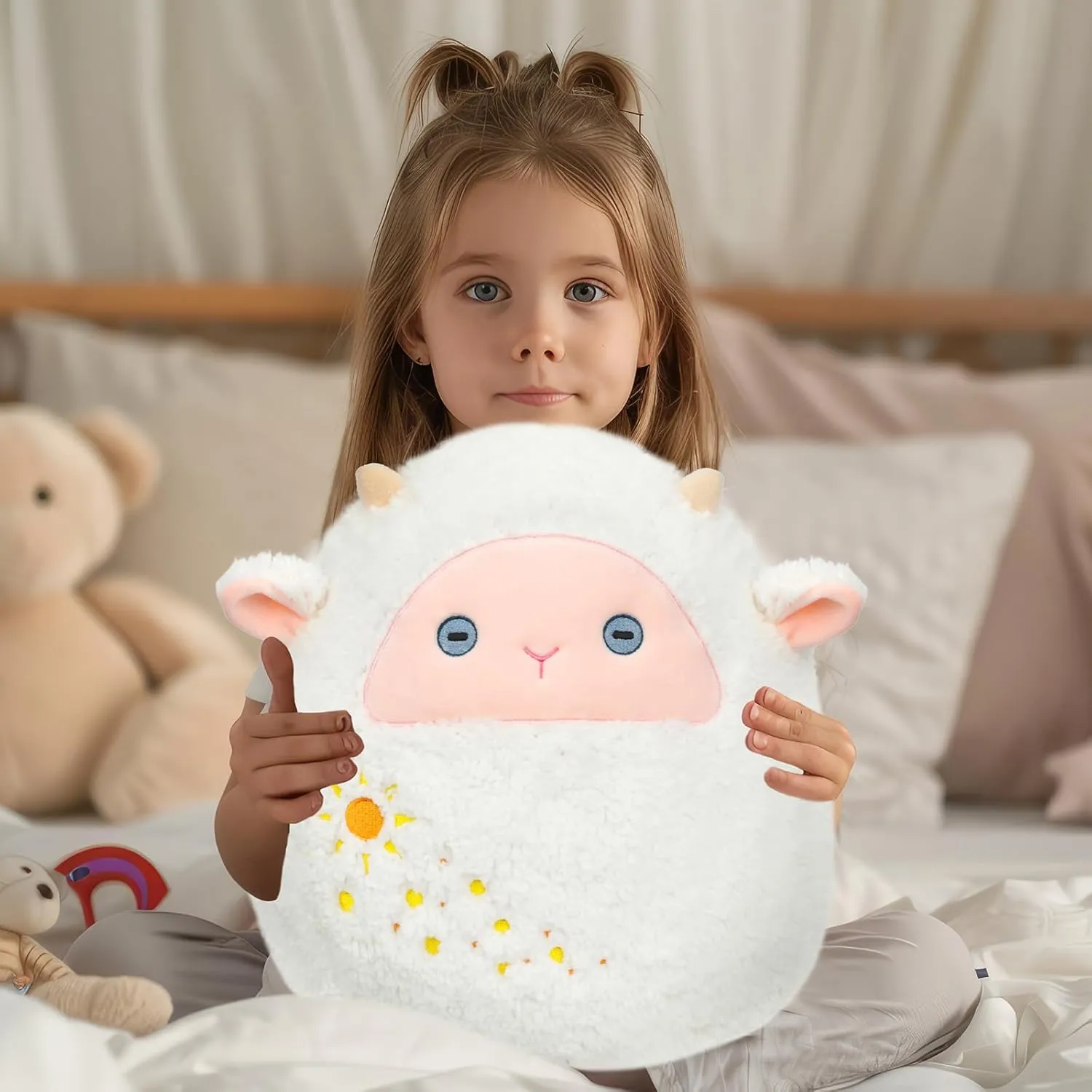 Lamb Plush Pillow Cute White Sheep Plush Toy Soft Fuzzy Lamb Hugging Pillow Stuffed Animal Easter Birthday Gifts for Kids Girls Boys