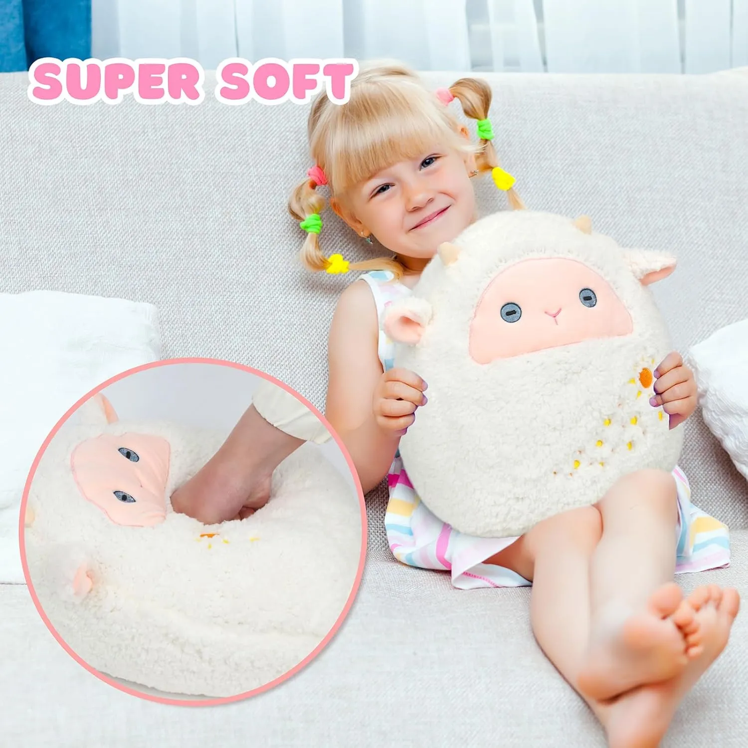 Lamb Plush Pillow Cute White Sheep Plush Toy Soft Fuzzy Lamb Hugging Pillow Stuffed Animal Easter Birthday Gifts for Kids Girls Boys