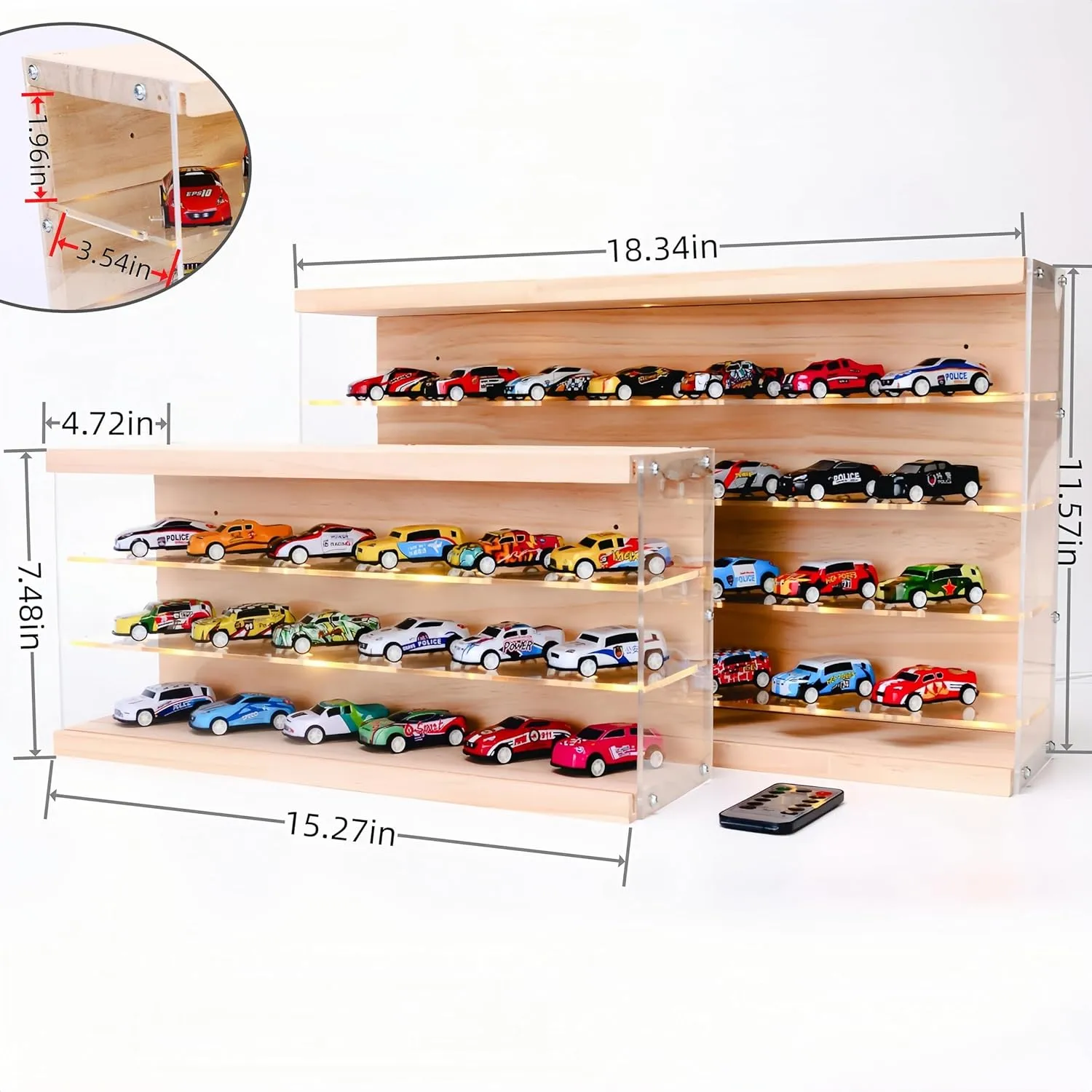 Large Acrylic Display Case for 1/64 Scale Diecast Cars - 18-Car Storage Organizer, Dust-Proof Cabinet with Adjustable Shelves, Compatible with Model Toy Collections