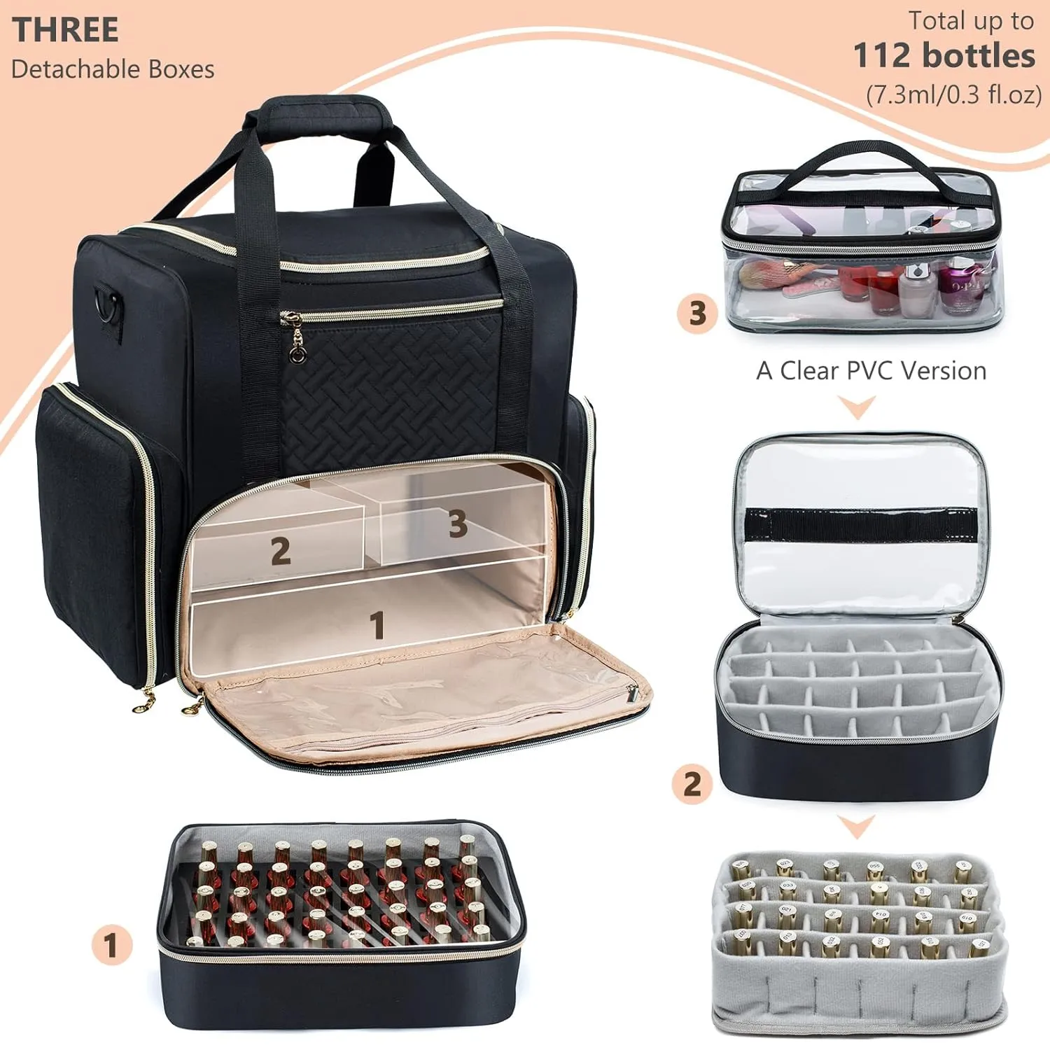 Large Nail Polish Organizer Holds 80 Bottles and a Nail Lamp, Nail Tech Storage Case Large Nail Polish Bag with 3 Removable Nail Cases and Tools Storage Pockets