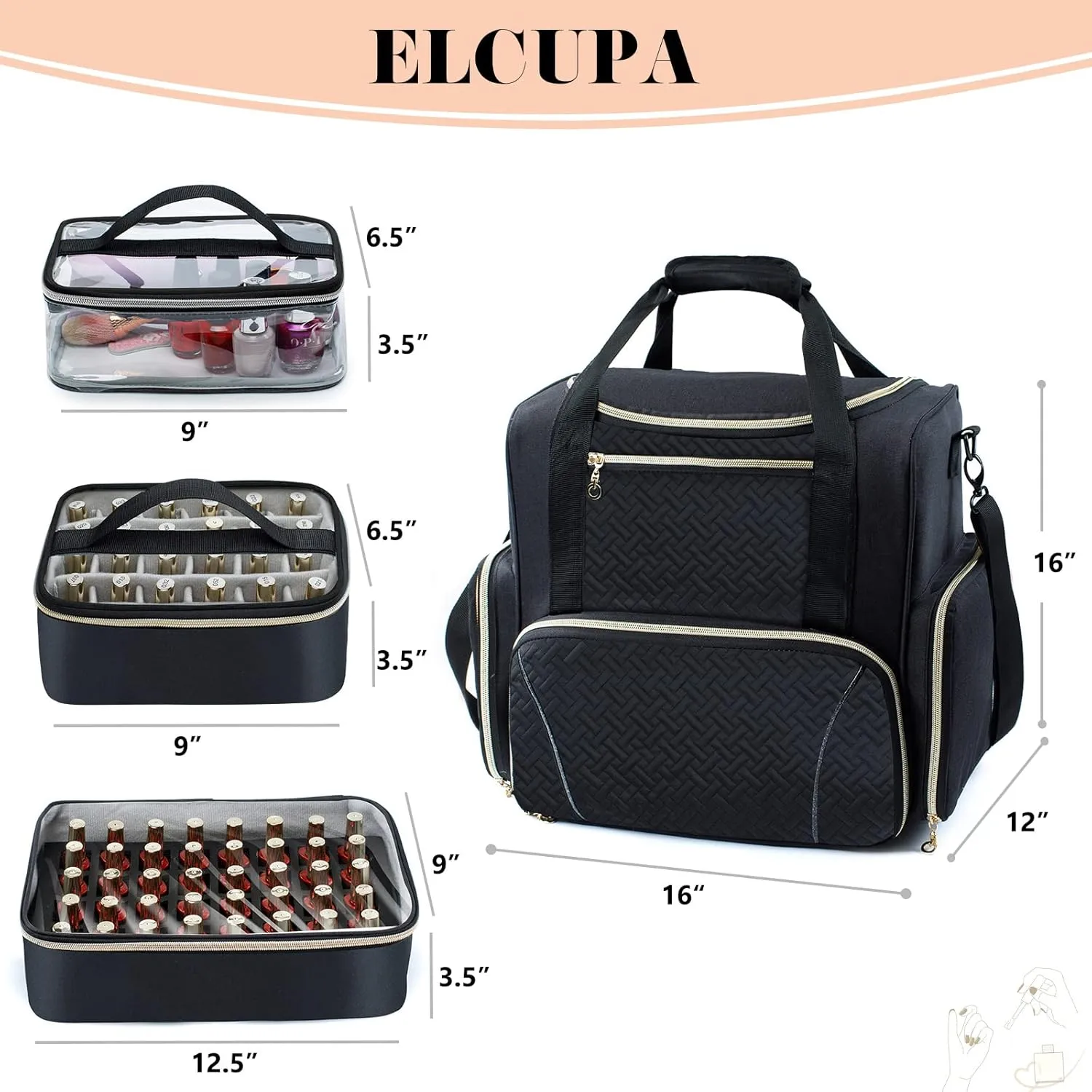 Large Nail Polish Organizer Holds 80 Bottles and a Nail Lamp, Nail Tech Storage Case Large Nail Polish Bag with 3 Removable Nail Cases and Tools Storage Pockets