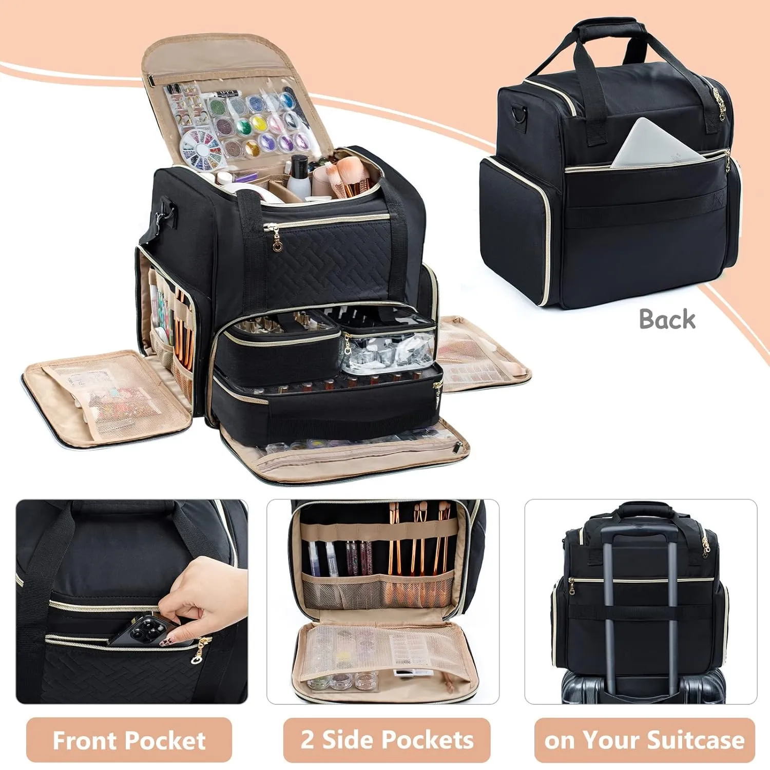 Large Nail Polish Organizer Holds 80 Bottles and a Nail Lamp, Nail Tech Storage Case Large Nail Polish Bag with 3 Removable Nail Cases and Tools Storage Pockets