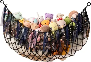 Large Stuffed Animal Hammock, 59'' L Wall Hanging Net for Stuffed Animal Storage, Boho Macrame Toy Net Hammock for Kids Girls Bedroom Playroom Nursery Decor Plushie Teddy Bear Storage - Black