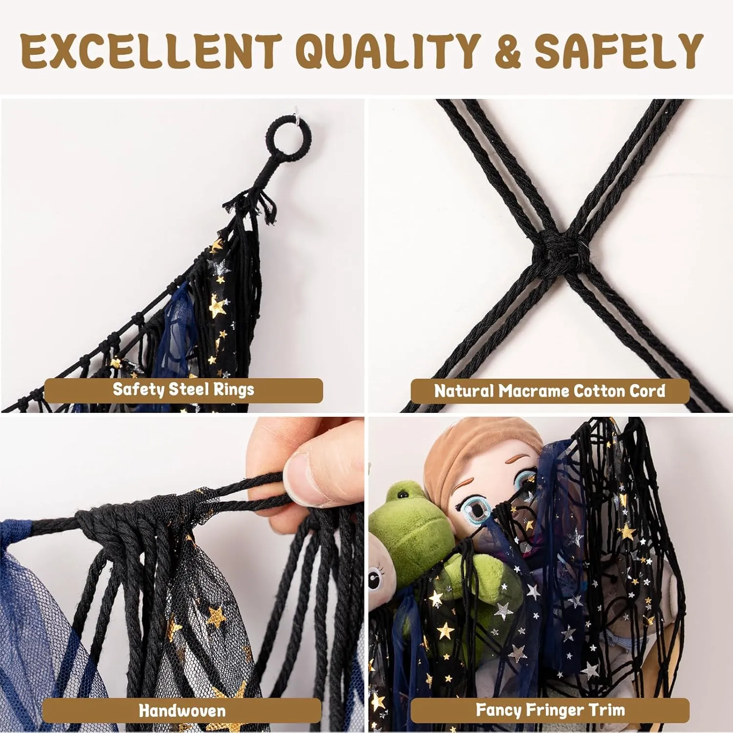 Large Stuffed Animal Hammock, 59'' L Wall Hanging Net for Stuffed Animal Storage, Boho Macrame Toy Net Hammock for Kids Girls Bedroom Playroom Nursery Decor Plushie Teddy Bear Storage - Black