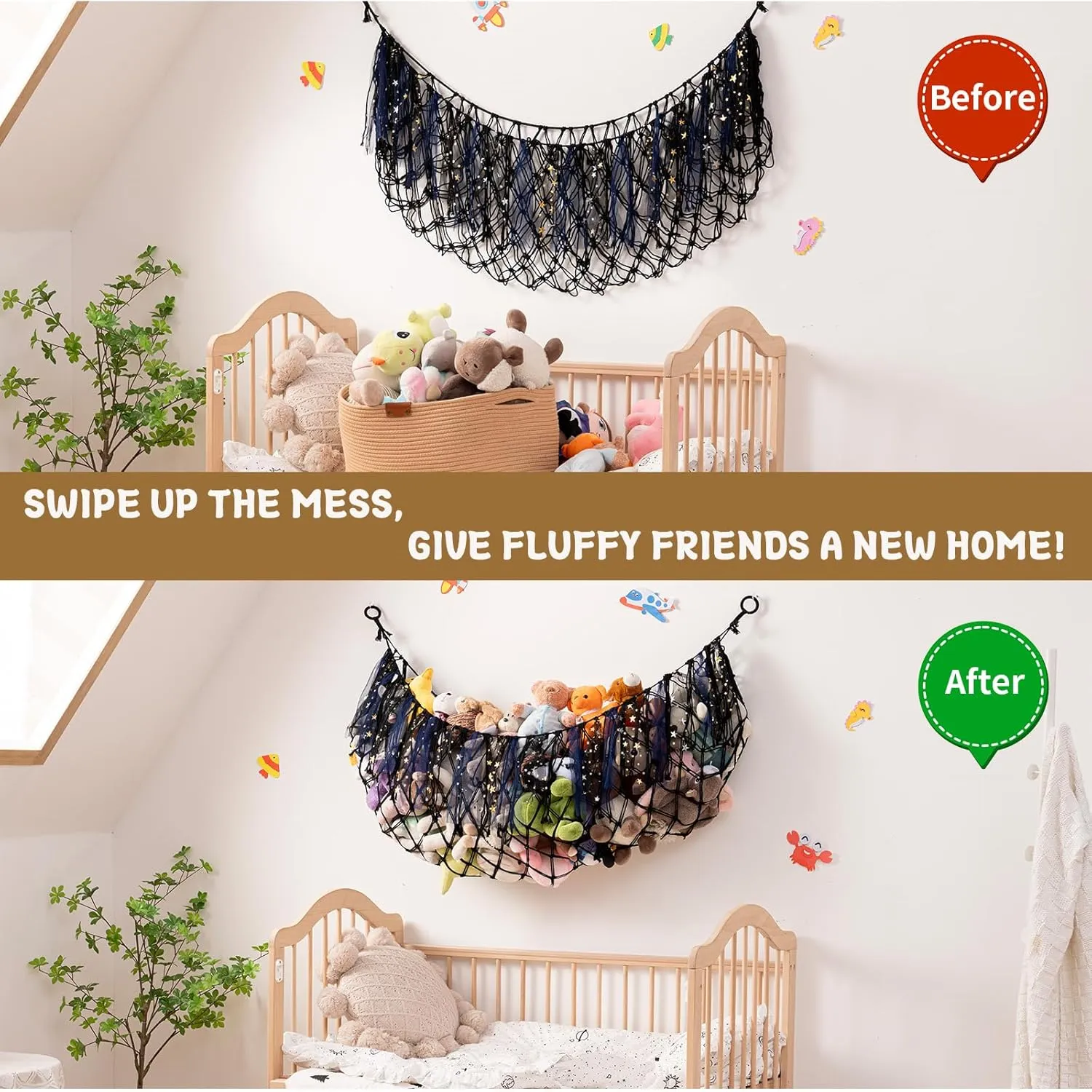 Large Stuffed Animal Hammock, 59'' L Wall Hanging Net for Stuffed Animal Storage, Boho Macrame Toy Net Hammock for Kids Girls Bedroom Playroom Nursery Decor Plushie Teddy Bear Storage - Black