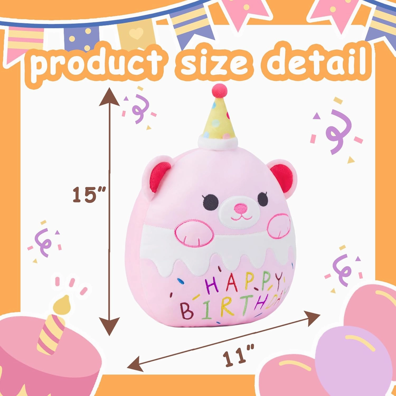 Large Birthday Happy Teddy Bear Plush Pillow Stuffed Animal Toy,15" Big Size Cute Soft Fat Kawaii Cuddle Huggable Plushie,Gift for Kids